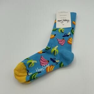 Happy Socks Banana Fun Print Turquoise Blue Unisex Women's 5.5 9.5 Men's 4.5 7.5